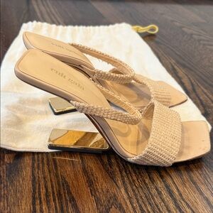 Cult Gaia Nude Raffia Heels with Gold Accents